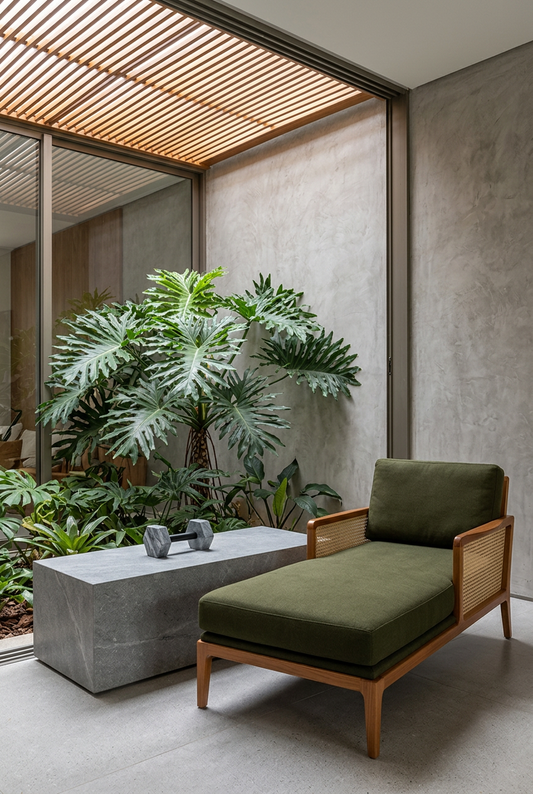 Pesa Aurelio junto a una chaise longue y jardín interior