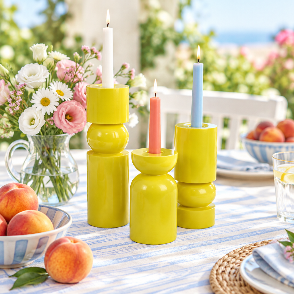 Set de candelabros amarillos en mesa de verano