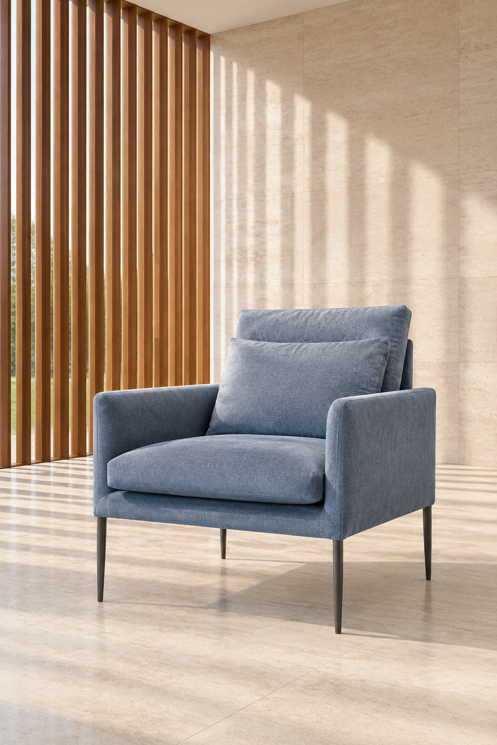 Sitial Dublin Azul en un pabellón moderno con madera y piedra