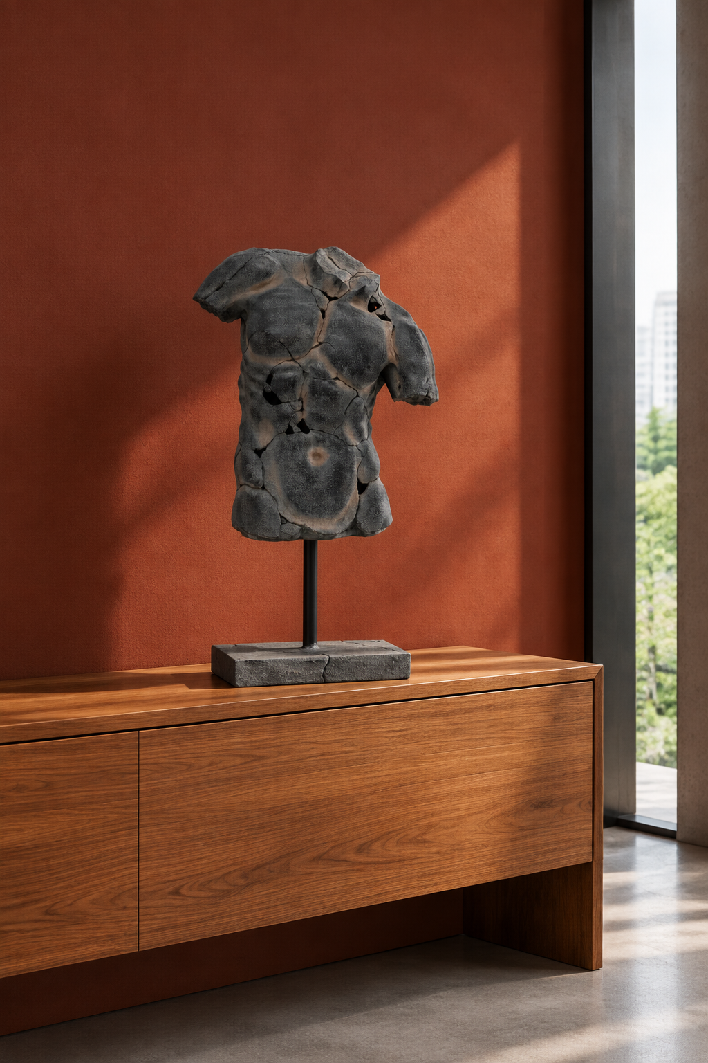 Torso Benjamin en un interior modernista con muro terracota