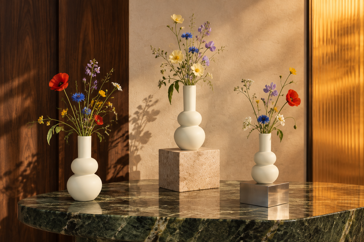 Tres Vasijas Penélope con flores silvestres de colores