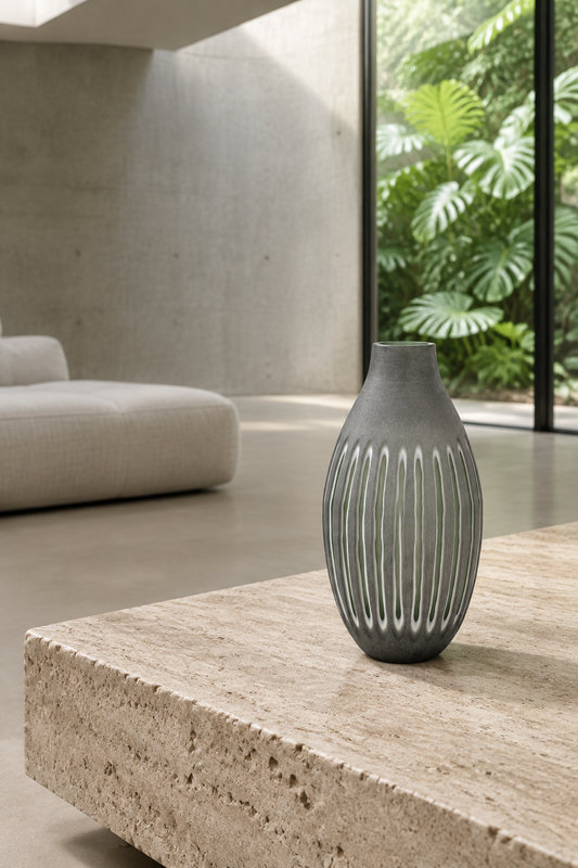 Vasija Kate sobre mesa de travertino en living con muro curvo