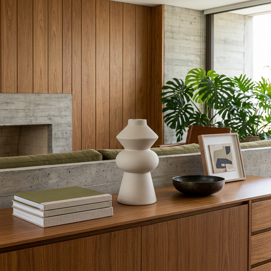 Vasija Nora sobre consola de madera con decoración