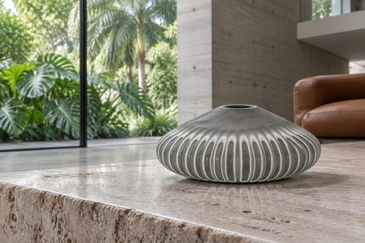 Vasija Ofelia sobre mesa de travertino en living de hormigón